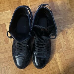 Buscemi Black Patent High-Top Sneakers with Brown Snakeskin Accent